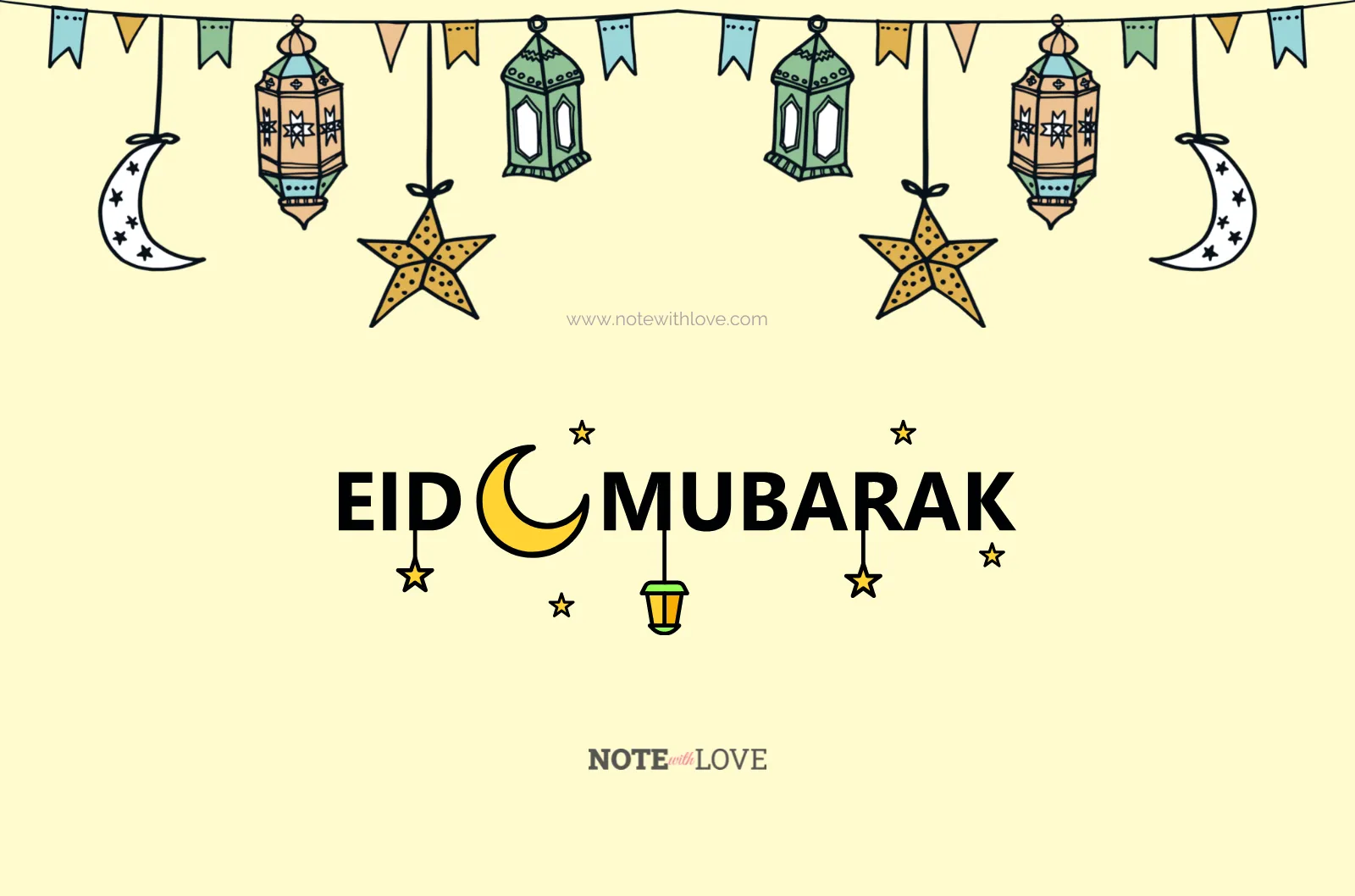 Eid Mubarak card with little crescent moon and lantern hanging decoration