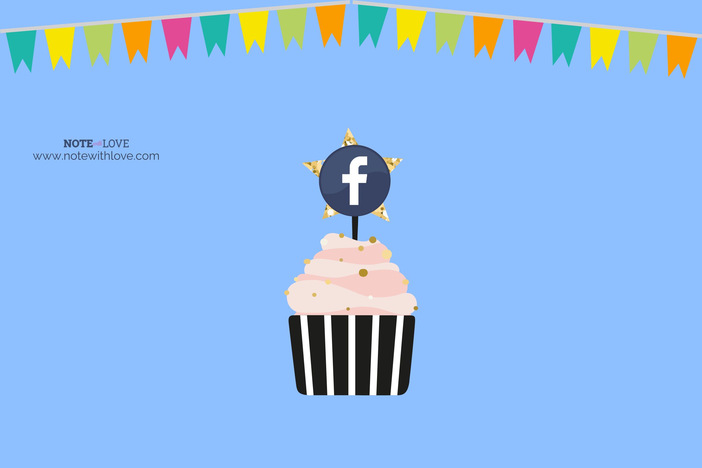 Fb logo on a cupcake and multicolored flags on the top as decoration