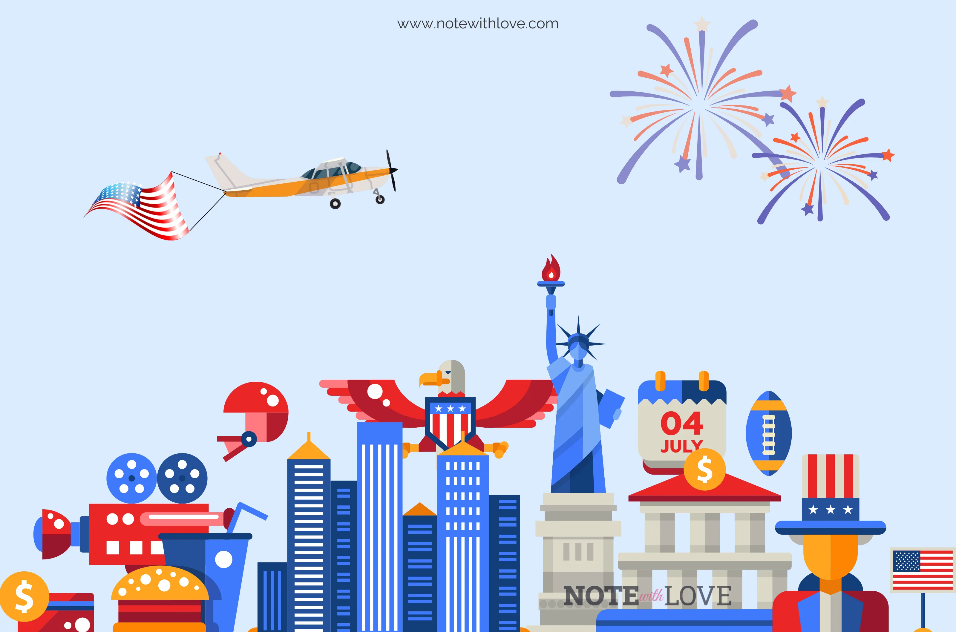 Remarkable parts of America with plane with US flag and celebratory fireworks on the Independence Day shown in a graphics