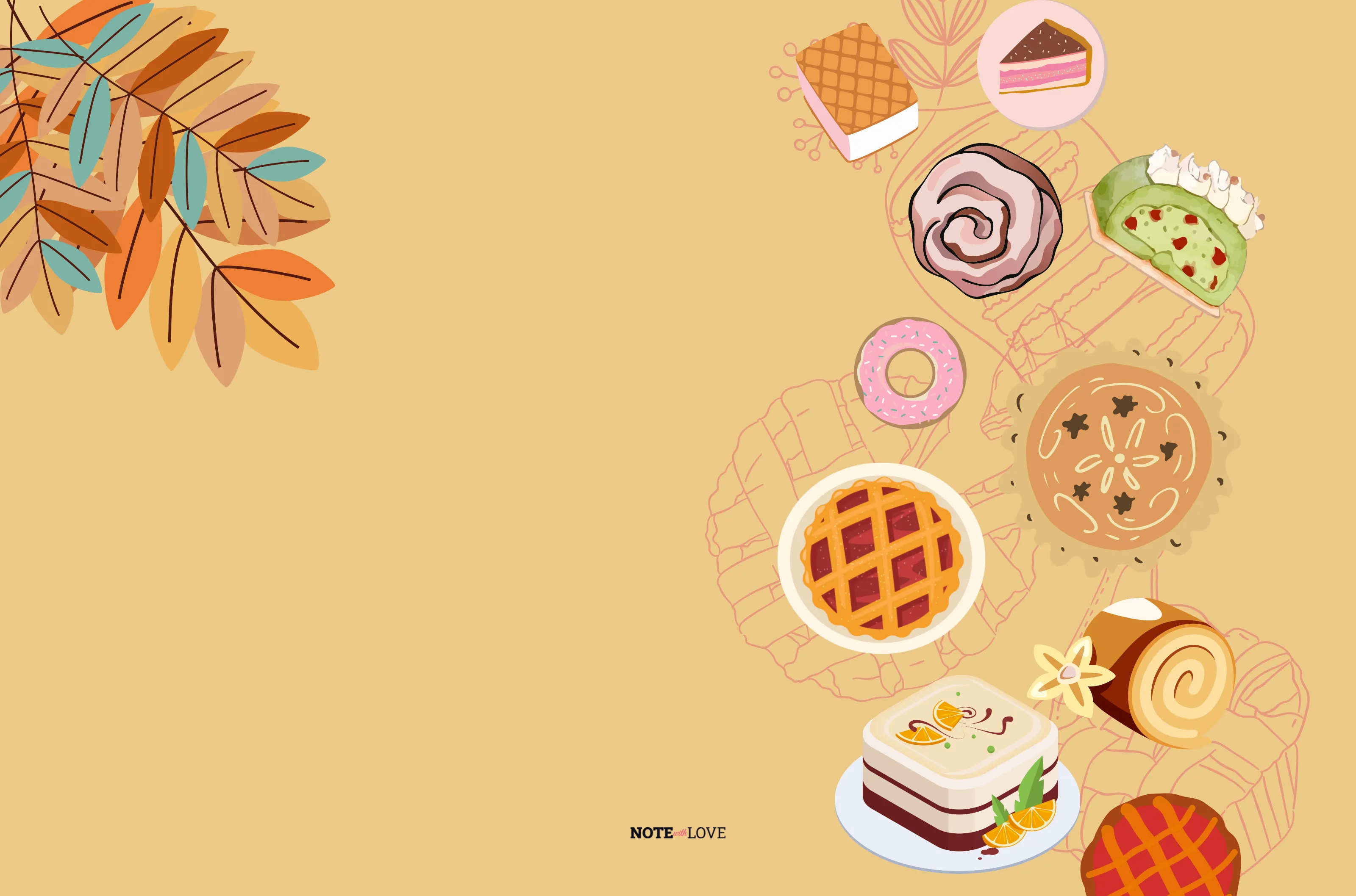 An  illustration showing different types of sweets on one side and fall leaves on other top corner.