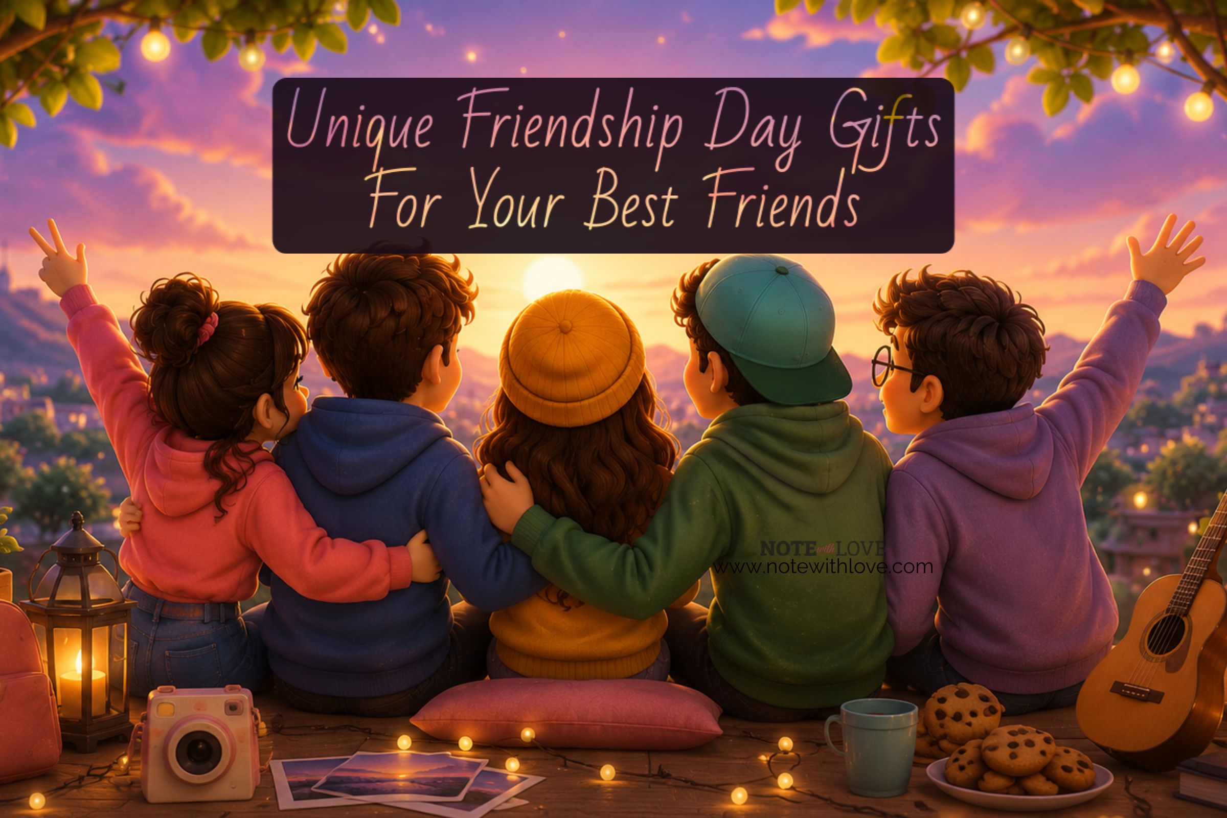 5 best friends sitting together and enjoying the sunset and their friendship.