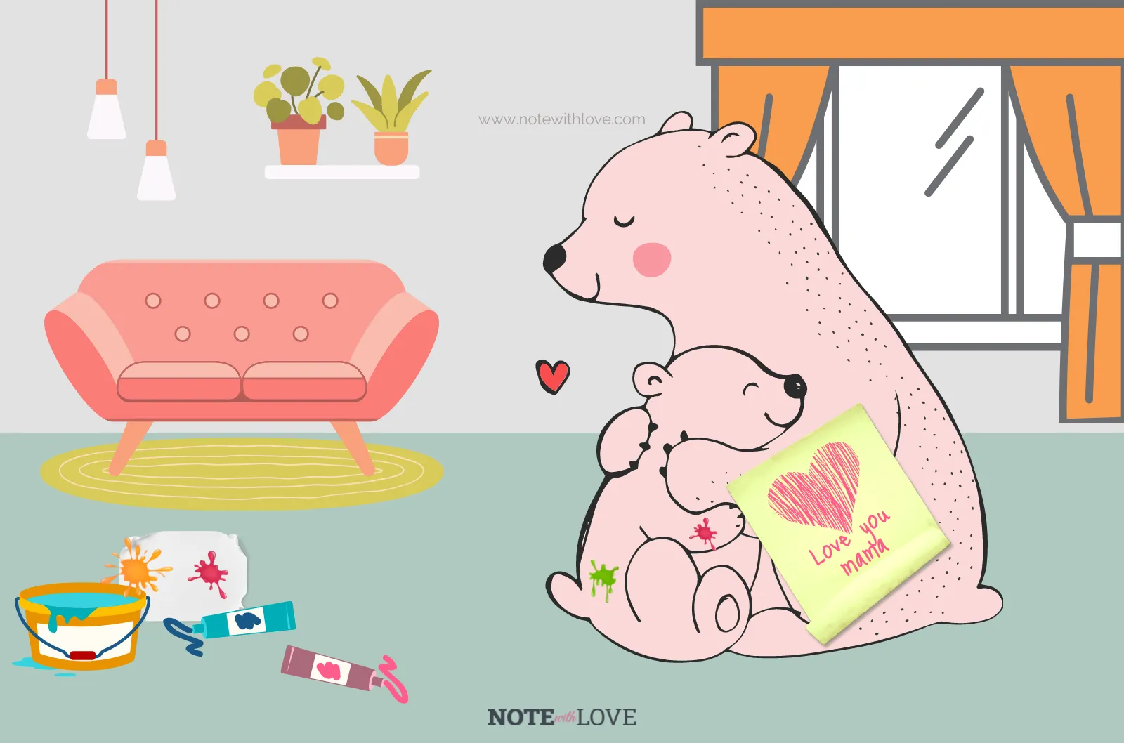 A baby bear with a hand-made mother's day card in hand hugging mother bear