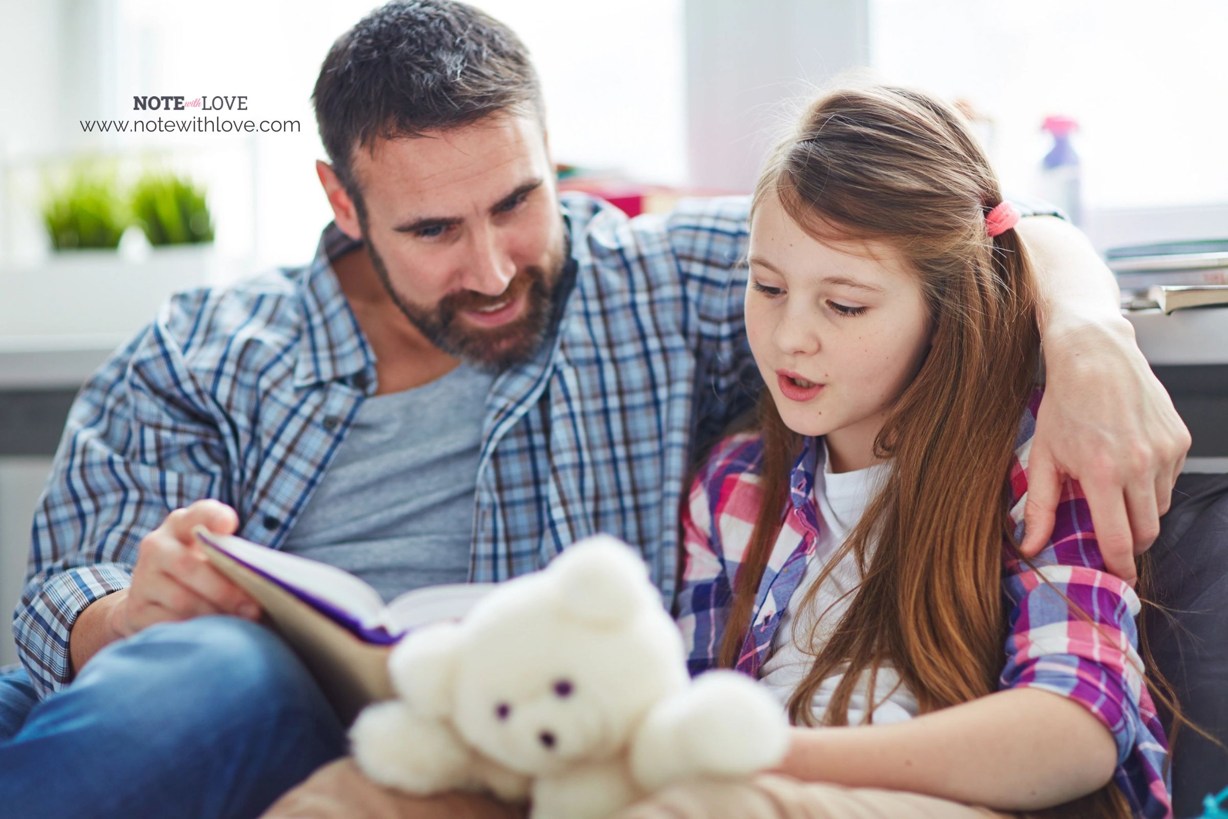 A father-daughter duo reading from a book