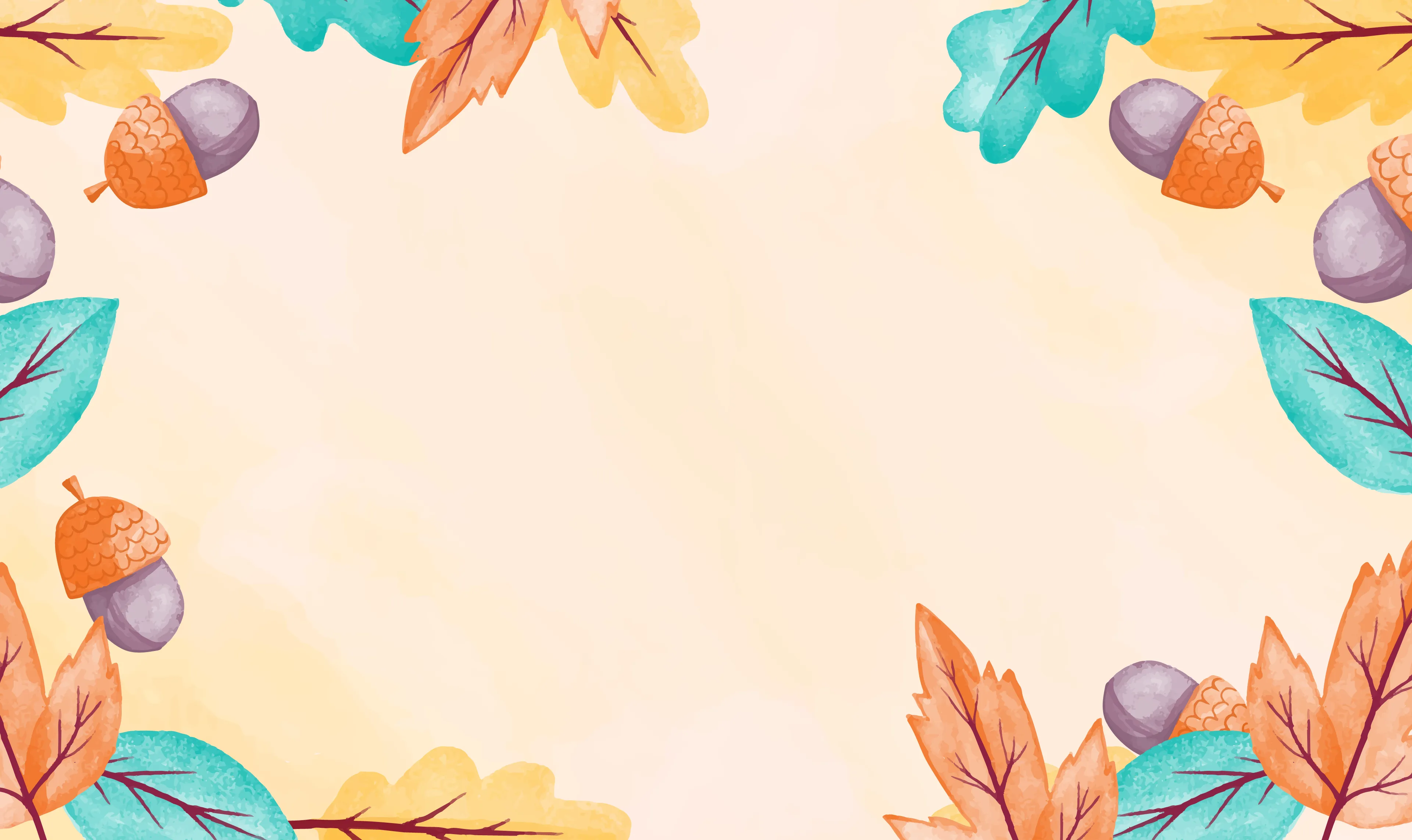 Fall leaves and fruits on the border with light yellow background.